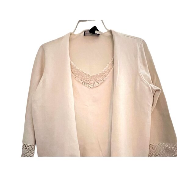 NWT Norton McNaughton Ivory Cardigan Silk Crochet Trim Lace Front Panel PM - Picture 4 of 11